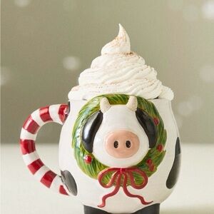 Set of Two Brand New Anthropologie Festive Holiday Cow Stoneware Mug, 10oz, NWT